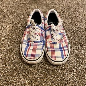 red white and blue plad vans